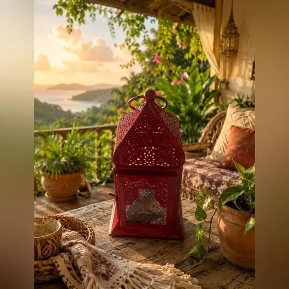 Decorative Deep Pink Metal & Glass Lantern Votive Holder Home Accents