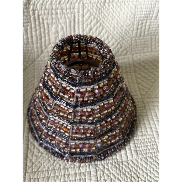 Vintage Beaded Lamp Shade Amber Brown Seed Bead Wire Frame Replacement Shade 4
