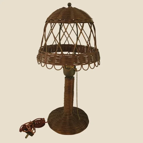 Antique Vintage Art Deco Mushroom Wicker Table Lamp Woven Rattan Brown 18