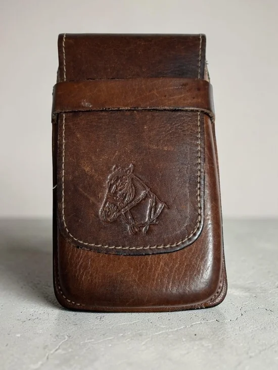 Vintage Men's Brown Leather Belt Pouch with Embossed Horse