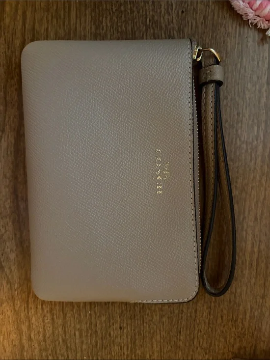 Coach Taupe Pebbled Leather Wristlet with Gold Logo