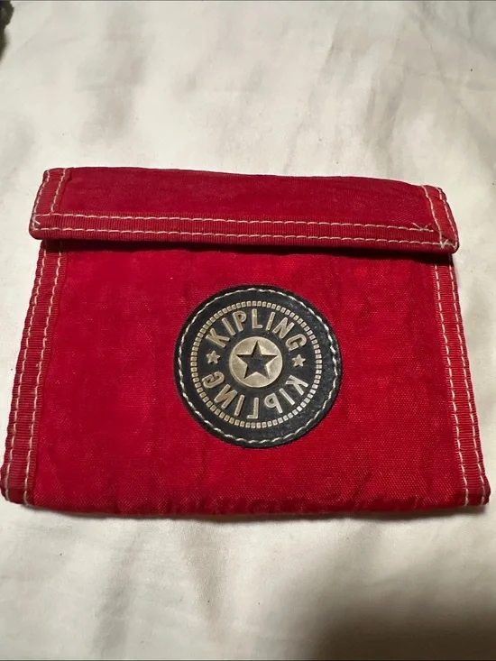 Kipling Red Canvas Trifold Wallet with Logo Patch