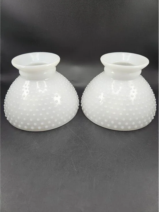 Matched Pair Vintage Hobnail Milk Glass Lamp Shades, 2