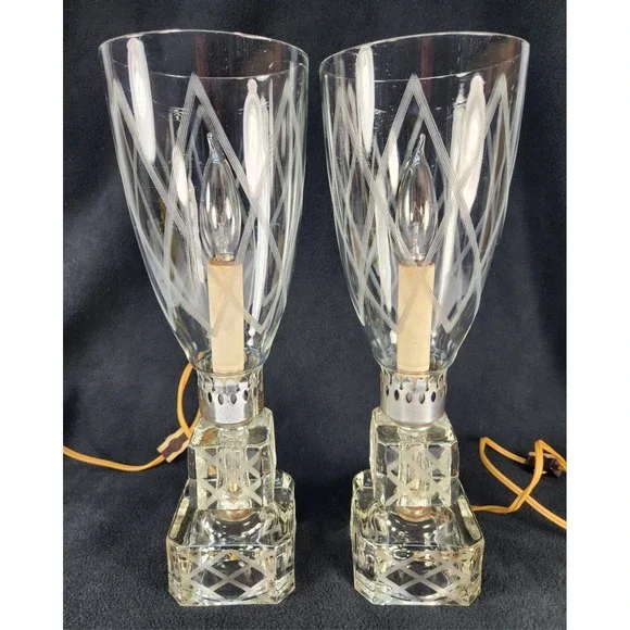 STUNNING 1940s Boudoir Hurricane Lamps Pair Crystal Stacked Cube Diamond Etched