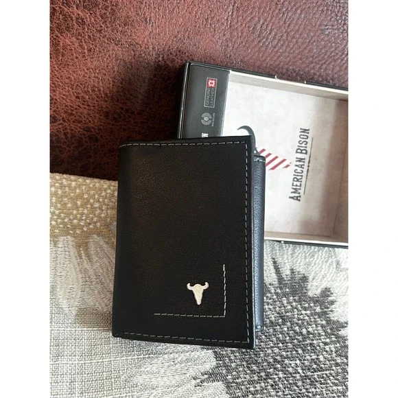 American‎ Bison Mens Trifold Wallet Genuine Black Leather RFID Secure NIB