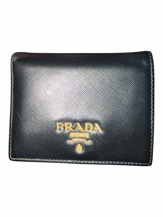 PRADA Black Saffiano Leather Bi-Fold Compact Wallet Gold Logo