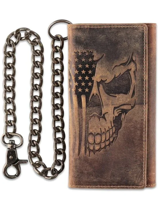 Classic RFID Blocking Men's Tri-Fold Leather Wallet with Steel Chain, Brown
