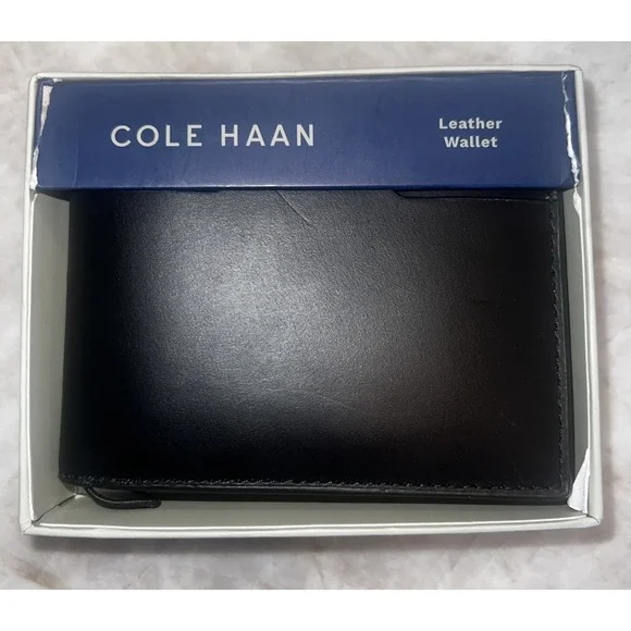 COLE HAAN MEN'S LEATHER RFID PROTECTED BIFOLD 6 POCKET WALLET BLACK (NEW in box)