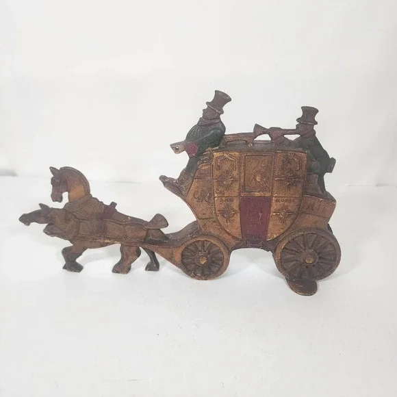 Vintage Cast Iron Royal Mail Stagecoach Doorstop Horse Carriage Painted Decor