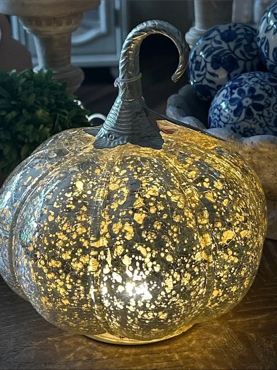 NEW! Vintage Inspired Mercury Glass Silver Fall Harvest Pumpkin  Light