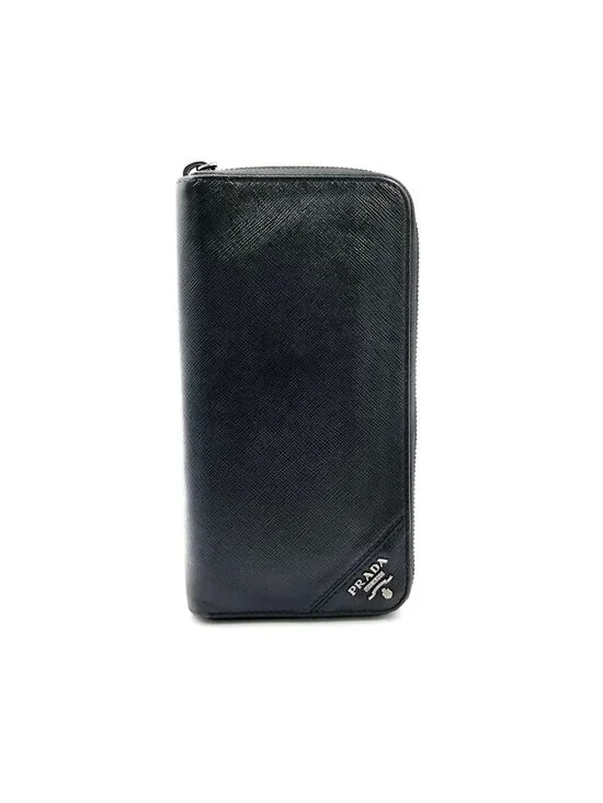 Prada Triangle Logo Zip Around Saffiano Leather Black Wallet