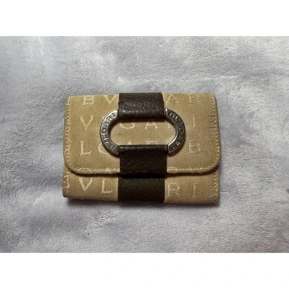 BVLGARI Logomania Canvas Leather‎ Silver Hardware 6-Key Holder Key Ring/Beige