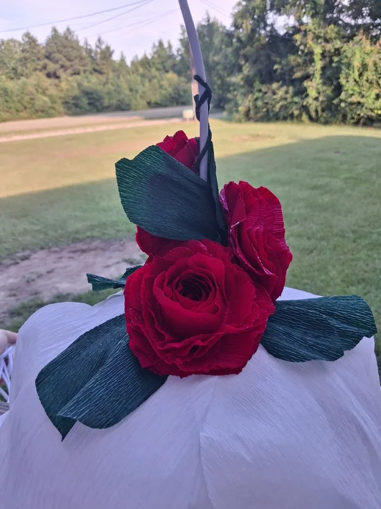 Handcrafted White Floral Hanging LED Lamp with Red Rose Accent