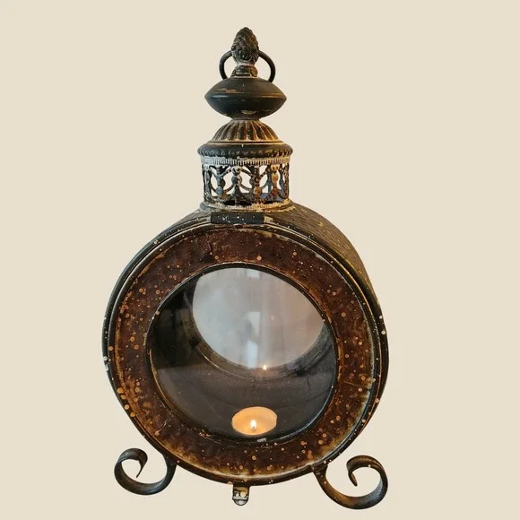 Rustic Metal Round Porthole Lantern Candle Holder Antique Gold Black Devra Style