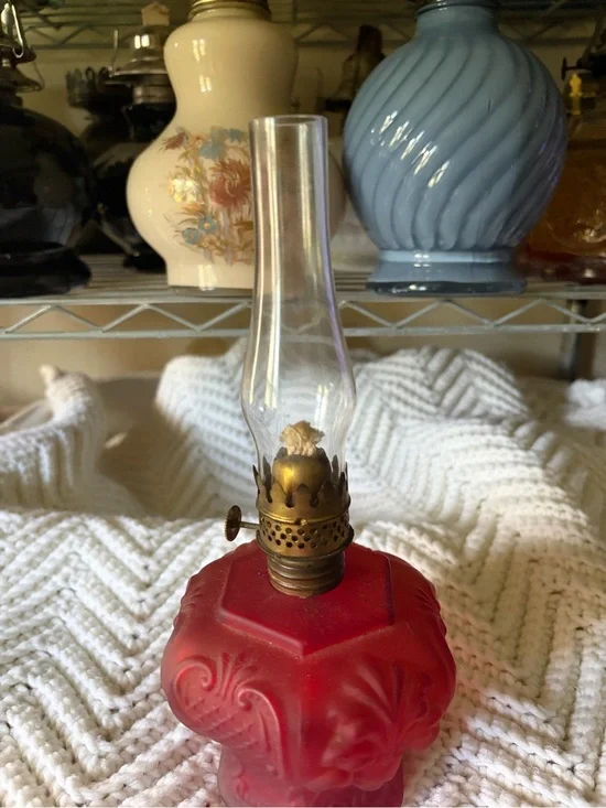 Vintage Red Satin Glass Miniature Oil Lamp with Embossed Scrollwork