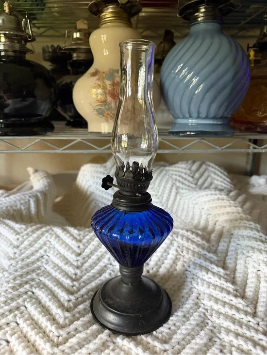 Antique-Style Mini Oil Lamp with Cobalt Blue Glass