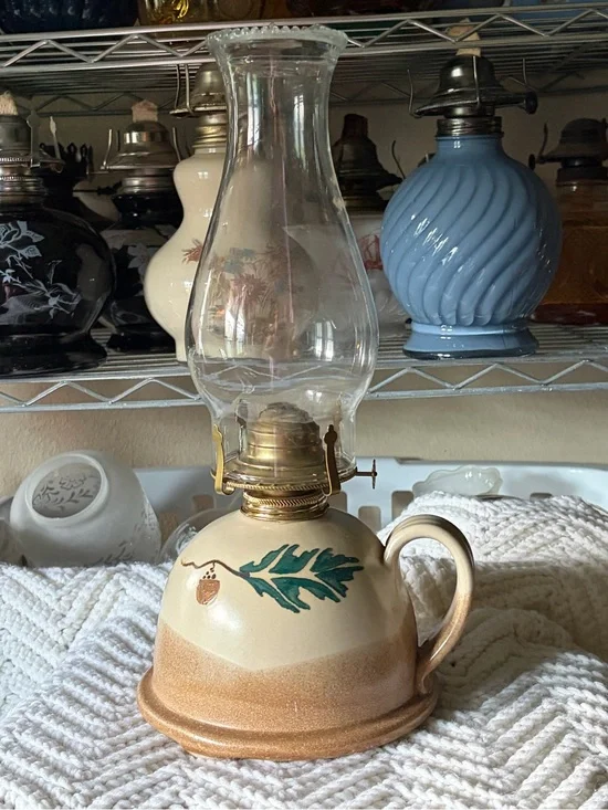 Vintage Stoneware Oil Lamp with Hand-Painted Acorn & Oak Leaf Motif