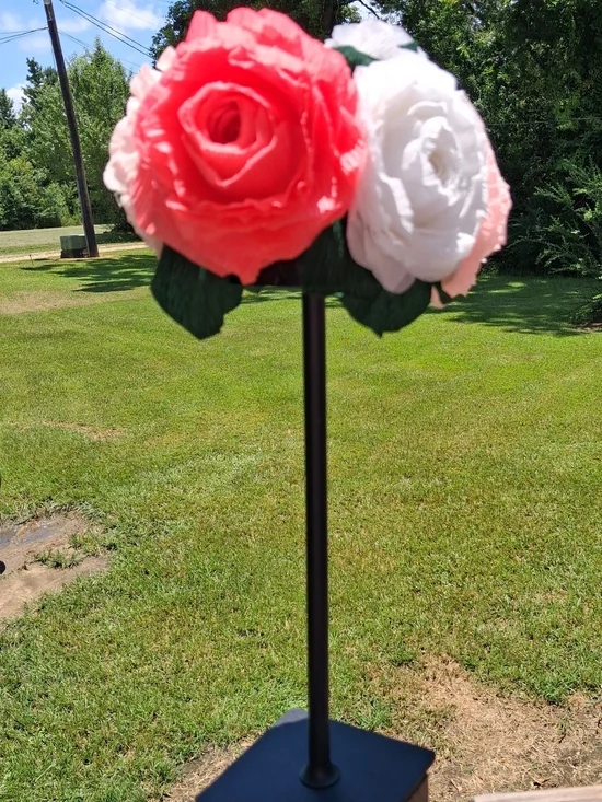 Italian Crepe Paper Roses On Rechargeable Lamp - Coral & White- Touch Lamp