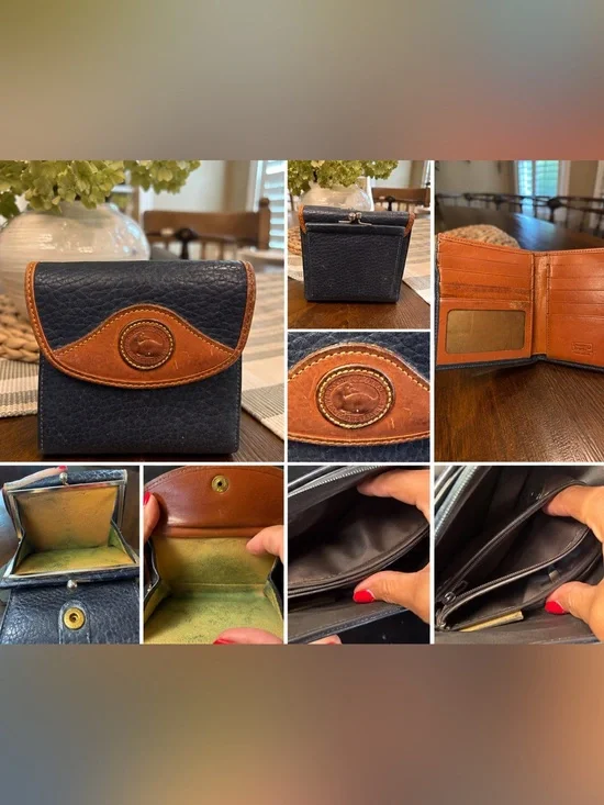 Vintage Dooney & Bourke Navy and Tan Leather Wallet with Coin Compartment