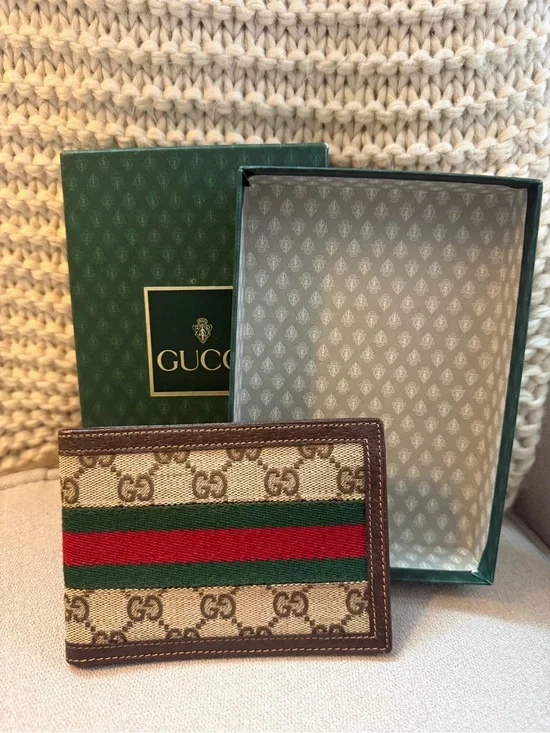 Gucci Brown GG Canvas Card Holder with Green and Red Web Stripe