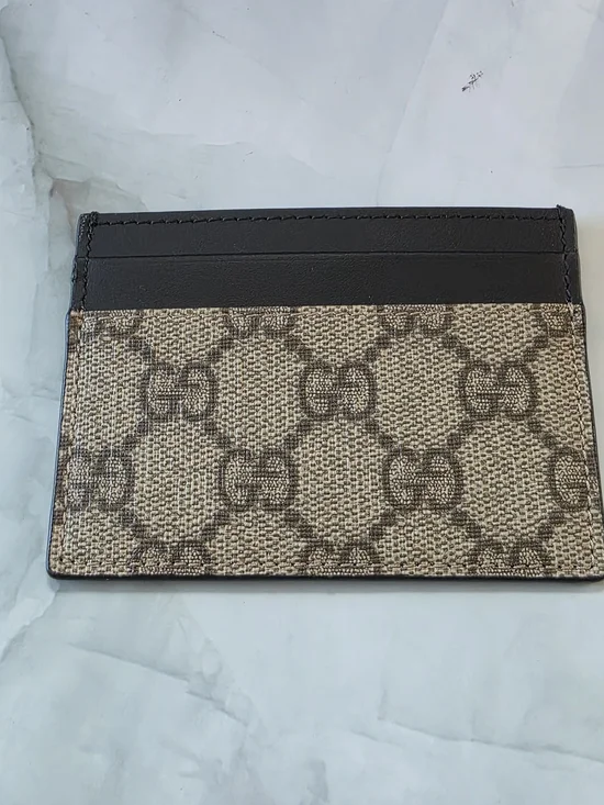 Gucci GG Supreme Card Holder Wallet Beige Ebony Black Leather