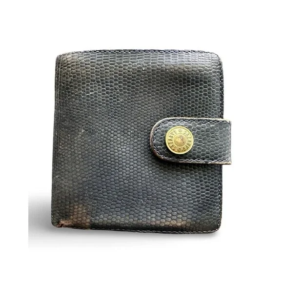 Vintage SAZABY Black Lizard Snake Print Leather Bifold Wallet Gold Logo RARE