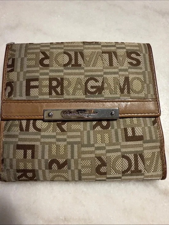Salvatore Ferragamo Beige and Brown Logo Canvas Wallet with Leather Trim