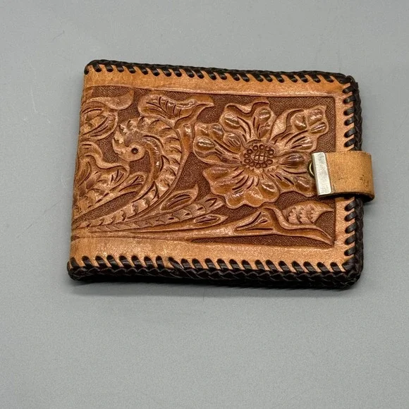 Vintage Tooled Leather‎ Western Bifold Wallet Floral Whipstitch Tan Brown Unisex