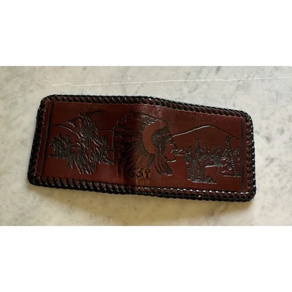 New VTG Mens Leather Bifold Laced Truckers Wallet Embossed Front Native American