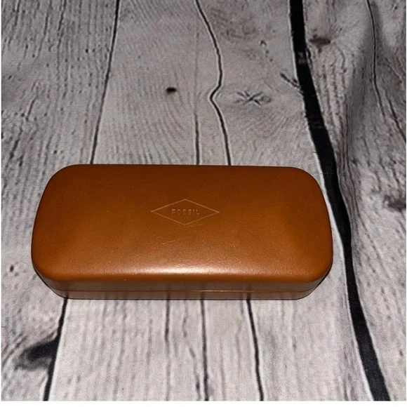 Fossil Hard Eyeglasses Case Blue Felt Lining Rectangular Glasses Holder Brown