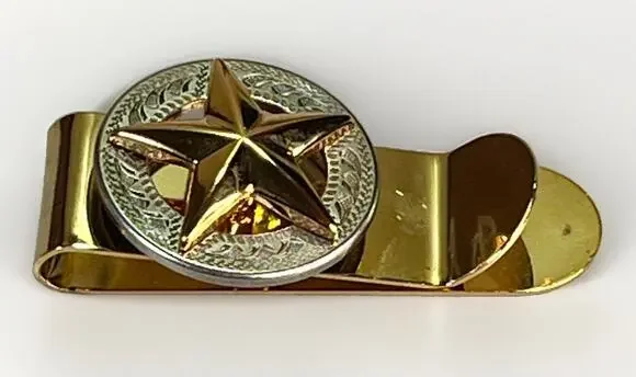 Texas Lone Star Gold Tone Money Clip Western Engraved Round Medallion