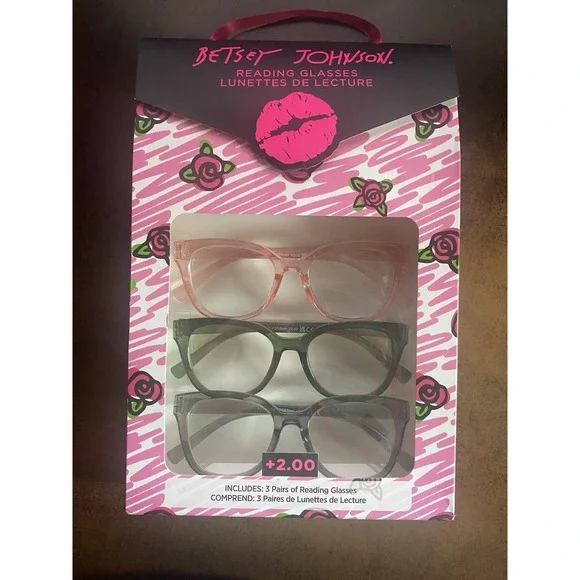 BETSEY JOHNSON 3-PACK READING GLASSES READERS +2.00 NEW CATS EYE GRAY GREEN PINK