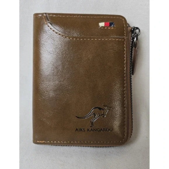 AIKS Kangaroo Wallet Men's BrownLeather Zip Bifold Credit Card ID Slots‎ Casual