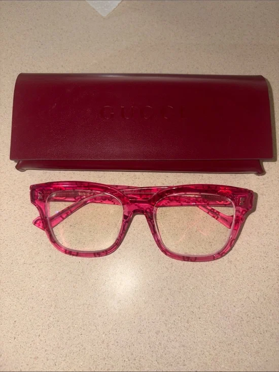 Gucci Transparent Pink Square Eyeglass Frames with Case