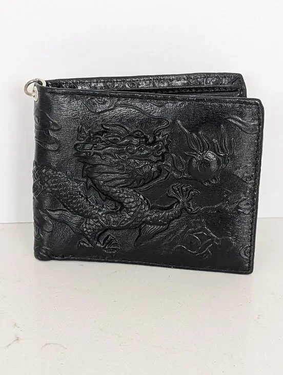 Mens Dragon Black Leather Bifold Wallet W/Metal Ring Asian Style Rock Retro EUC