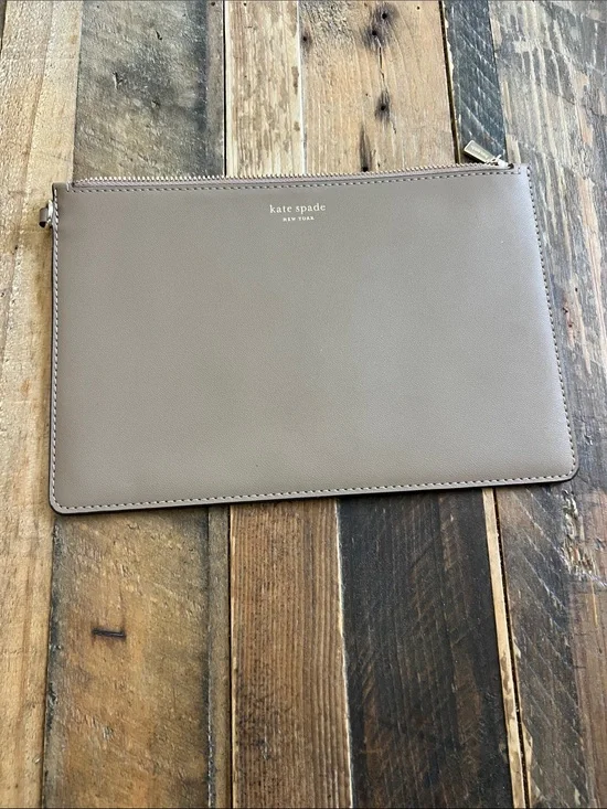 kate spade taupe leather zip clutch pouch