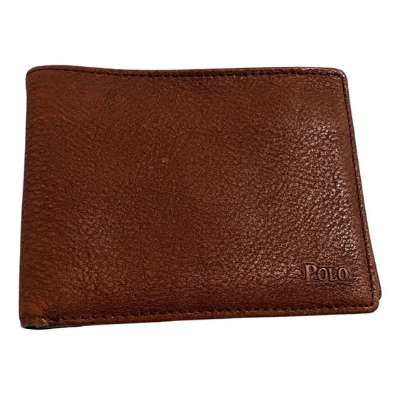 Polo Ralph Lauren Mens Brown Pebbled Leather Bifold Wallet Classic Logo