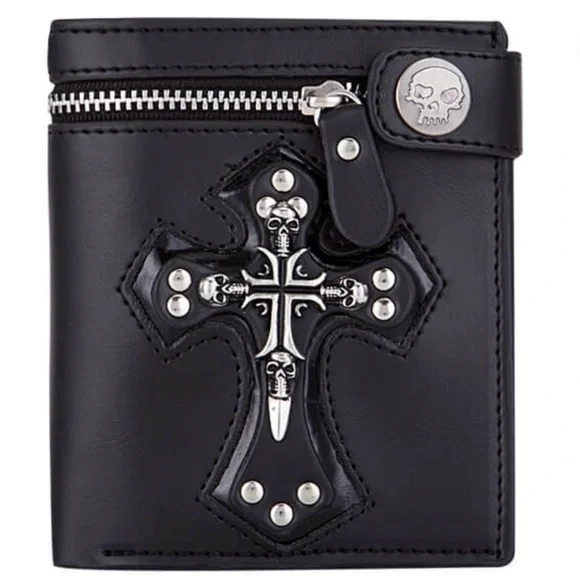 Goth Skull Cross Wallet w/ Chain Black Biker Emo Punk Zip Coin Bill Pocket