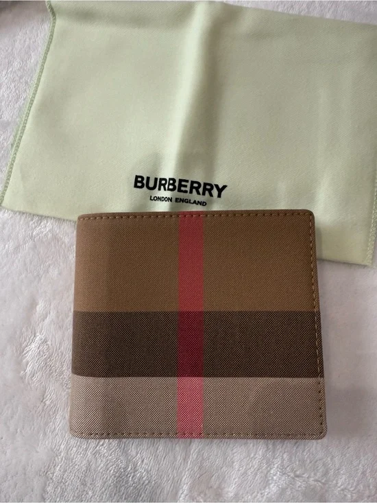 Burberry Men’s Canvas Bifold Wallet in Brown with Pink-Red Stripe