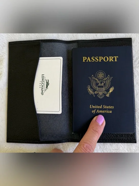 LONGCHAMP Pebbled Black Leather Passport Cover Holder Travel 6