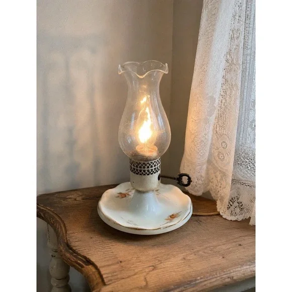 Milk Glass Hurricane Vanity Table Lamp Cottagecore Style Ruffled Clear Chimney