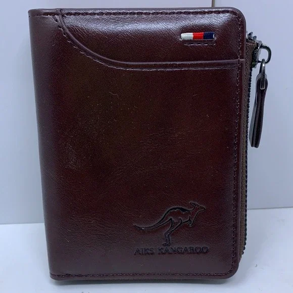 AIKS Kangaroo Mens Dark Brown Leather Zipper Closure RFID Blocking Wallet New