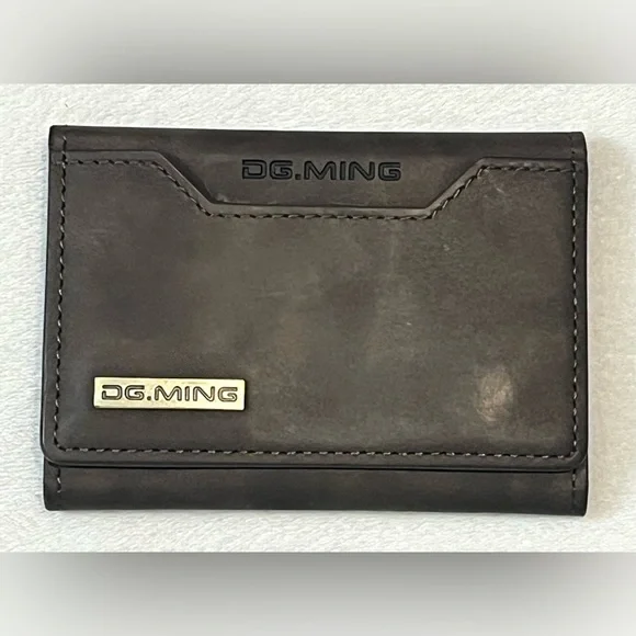 DG.MING Brown Leather Tri-Fold Magnetic Wallet