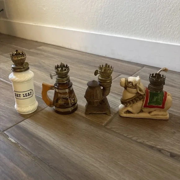 Vintage Miniature Oil Lamp Lot of 4 glass brass Camel Bay Leaf Syrup Oven