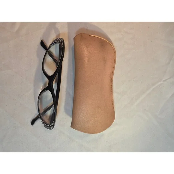 Black Oval Rhinestone Reading Glasses +3.25 Magnification with Tan Case