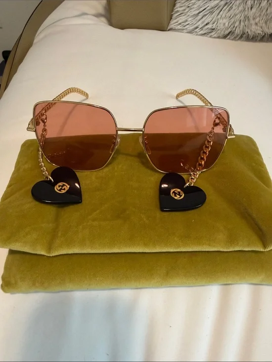 Gucci Gold Frame Pink Lens Heart Charm Sunglasses