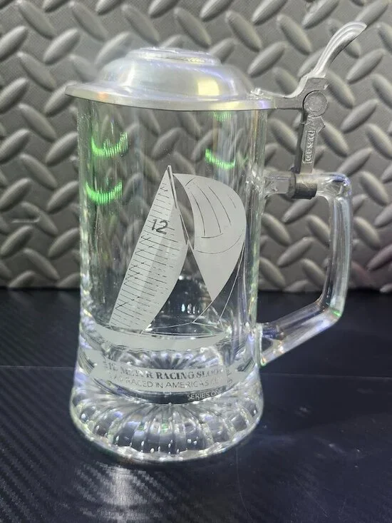 Old Spice America's Cup Etched Glass Beer Stein/Mug 12 Meter Racing Sloop