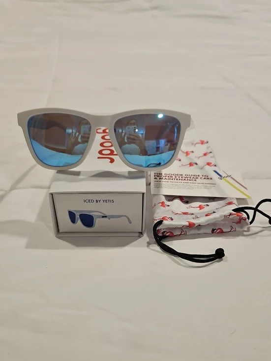 Goodr 'Iced By Yetis' White Frame Sunglasses with Blue Mirrored Lenses
