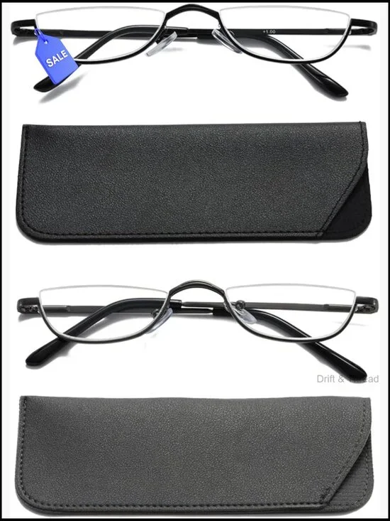 Half Moon Reading Glasses Slim Metal Semi Rimless 2 Pair