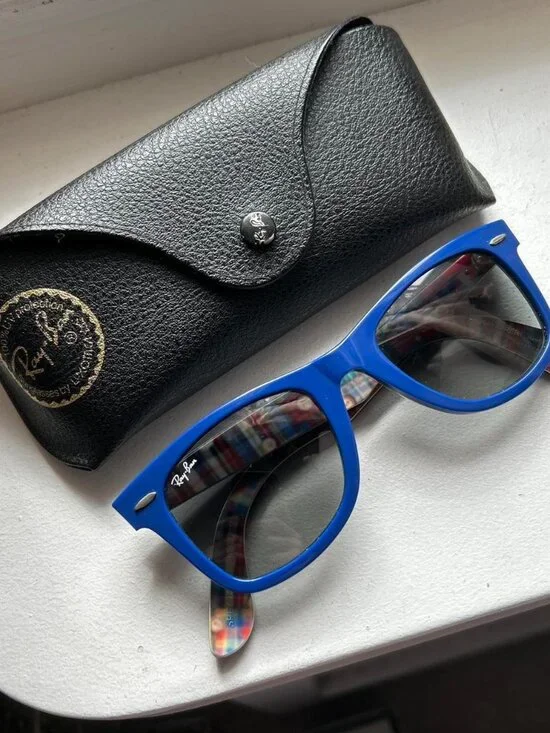 Ray Ban Blue Wayfarer Sunglasses with Interior Plaid Print with Case